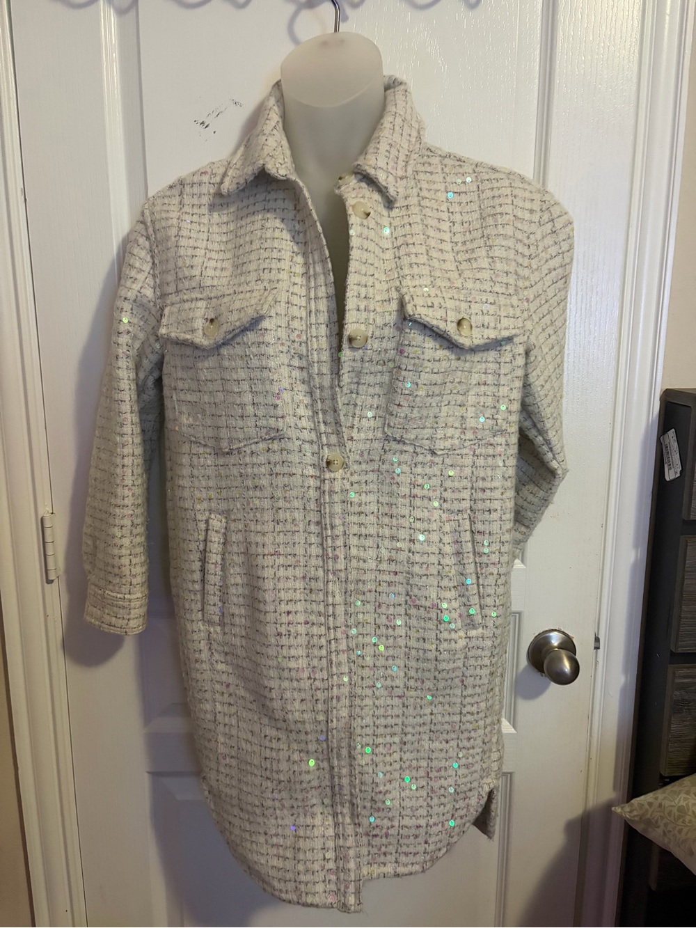 Blank NYC Cream Tweed Sequin-Embellished Trench Coat